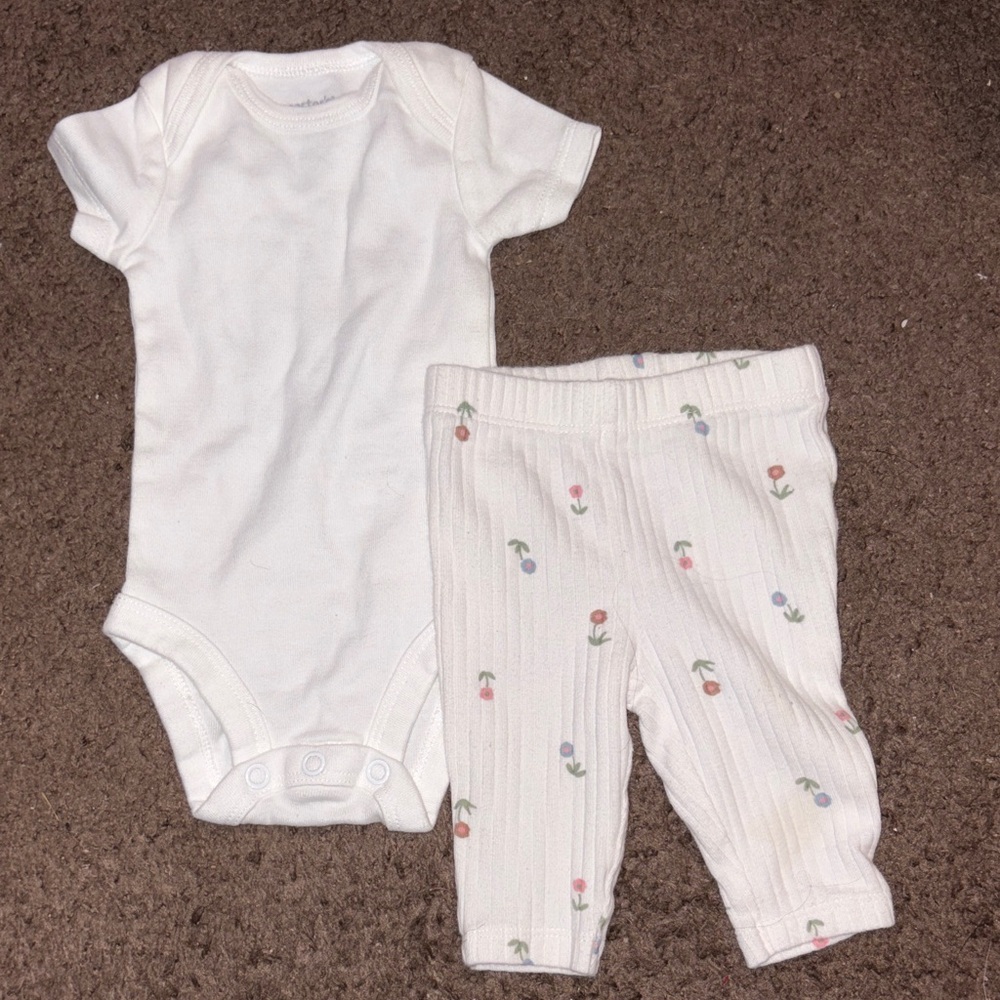 White Baby Onesie and Floral Ribbed Pants Set